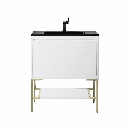 JAMES MARTIN VANITIES 31.5'' Single Vanity, Glossy White, Champagne Brass Base w/ Charcoal Black Composite Stone Top 805-V31.5-GW-CB-CH